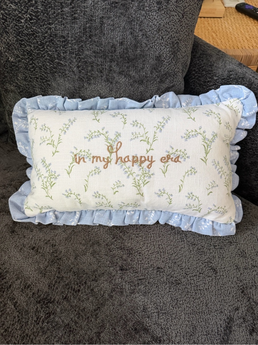 Floral 'In My Happy Era' Decorative Pillow with Blue Ruffle